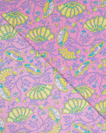 Tissu Coton Léger Indien Rose Bonbon Motif Floral Jaune - Mercerine