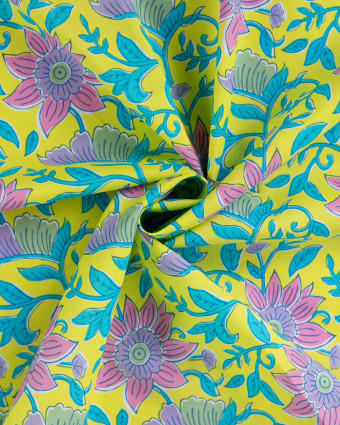 Tissu Coton Léger Indien Jaune Fleuri Rose - Mercerine
