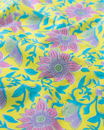 Tissu Coton Léger Indien Jaune Fleuri Rose - Mercerine
