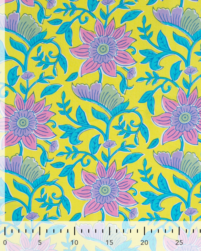 Tissu Coton Léger Indien Jaune Fleuri Rose - Mercerine