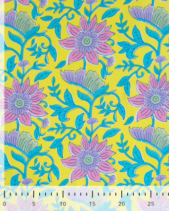 Tissu Coton Léger Indien Jaune Fleuri Rose - Mercerine