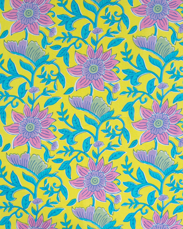 Tissu Coton Léger Indien Jaune Fleuri Rose - Mercerine