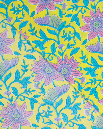 Tissu Coton Léger Indien Jaune Fleuri Rose - Mercerine