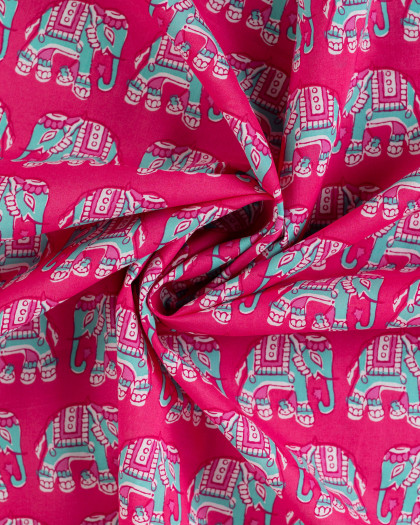 Tissu Coton Léger Indien Rose Fuchsia Eléphant - Mercerine
