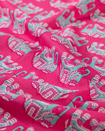 Tissu Coton Léger Indien Rose Fuchsia Eléphant - Mercerine