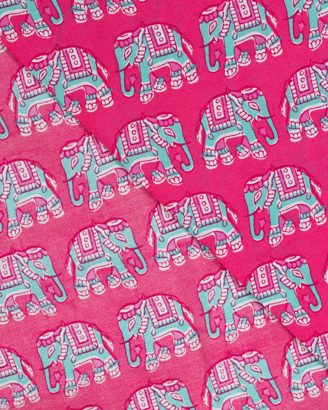 Tissu Coton Léger Indien Rose Fuchsia Eléphant - Mercerine
