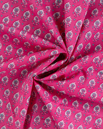 Tissu Coton Léger Indien Rose Fuchsia Petit Motif Fleuri - Mercerine