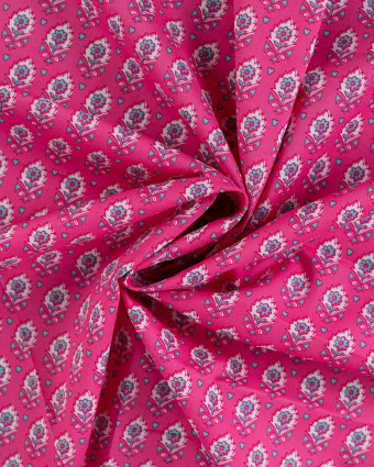 Tissu Coton Léger Indien Rose Fuchsia Petit Motif Fleuri - Mercerine