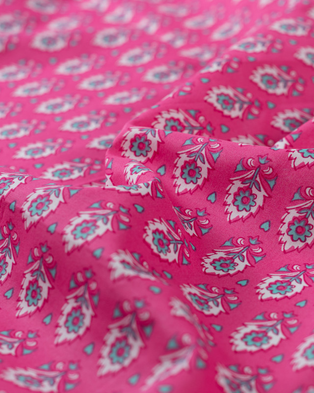 Tissu Coton Léger Indien Rose Fuchsia Petit Motif Fleuri - Mercerine