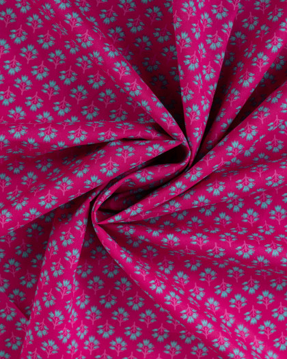 Tissu Coton Léger Indien Rose Fuchsia Fleuri Turquoise - Mercerine