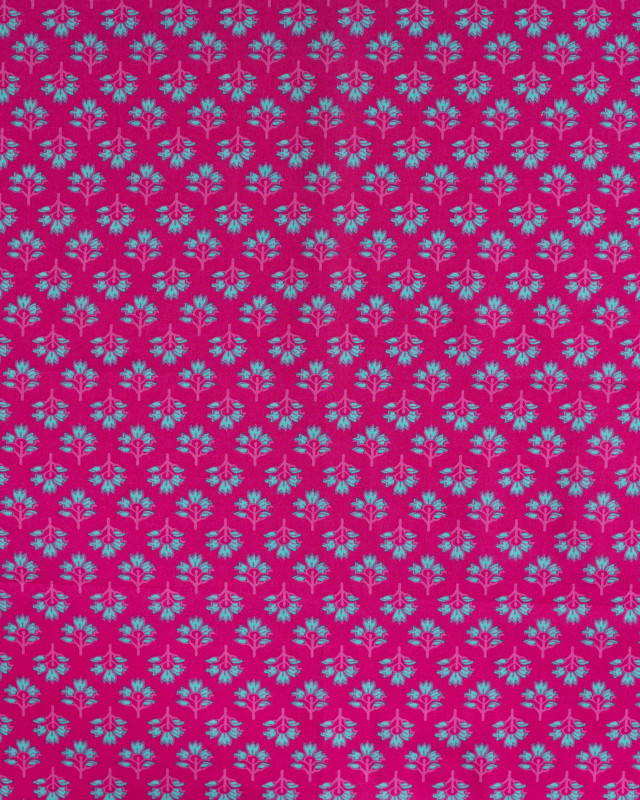 Tissu Coton Léger Indien Rose Fuchsia Fleuri Turquoise - Mercerine