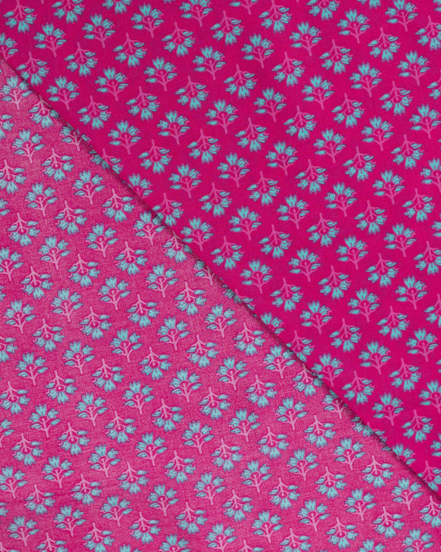 Tissu Coton Léger Indien Rose Fuchsia Fleuri Turquoise - Mercerine