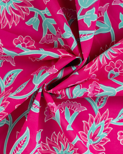 Tissu Coton Léger Indien Rose Fuchsia Motif Floral - Mercerine
