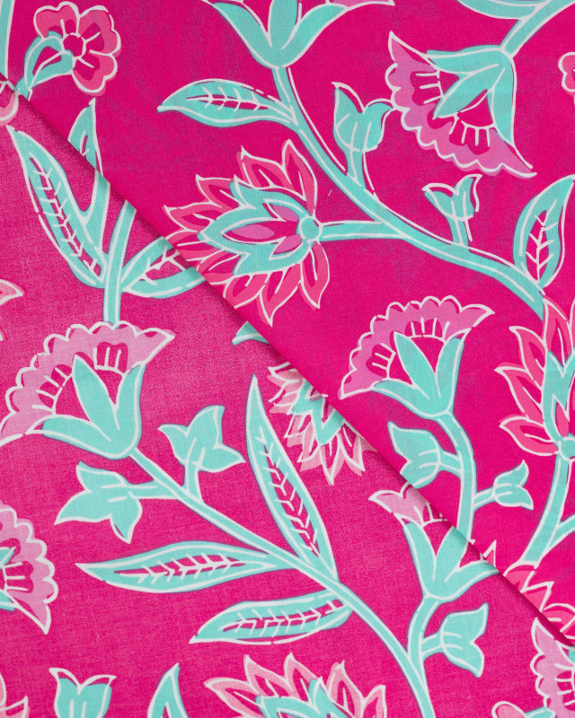 Tissu Coton Léger Indien Rose Fuchsia Motif Floral - Mercerine