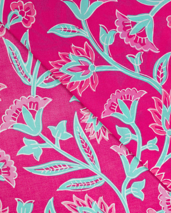 Tissu Coton Léger Indien Rose Fuchsia Motif Floral - Mercerine
