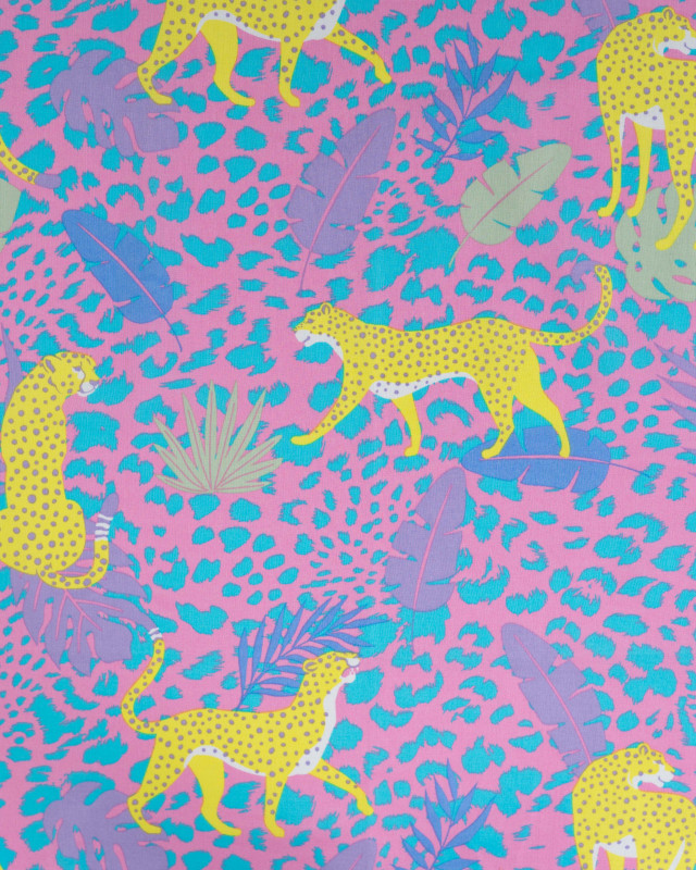 Tissu Coton Léger Indien Rose Bonbon Léopard Jaune - Mercerine