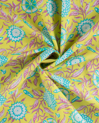 Tissu Coton Léger Indien Jaune Motif Floral Turquoise - Mercerine