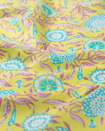 Tissu Coton Léger Indien Jaune Motif Floral Turquoise - Mercerine