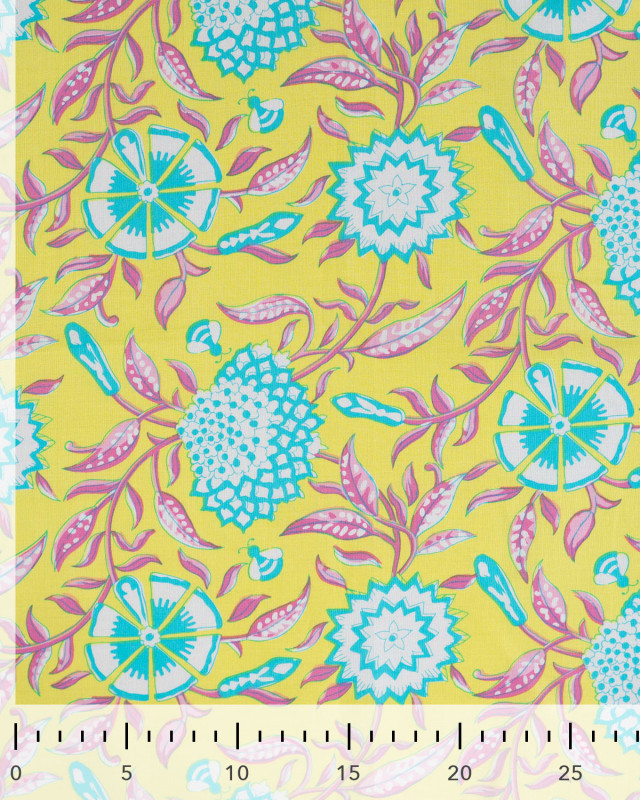 Tissu Coton Léger Indien Jaune Motif Floral Turquoise - Mercerine
