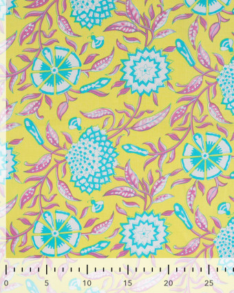 Tissu Coton Léger Indien Jaune Motif Floral Turquoise - Mercerine