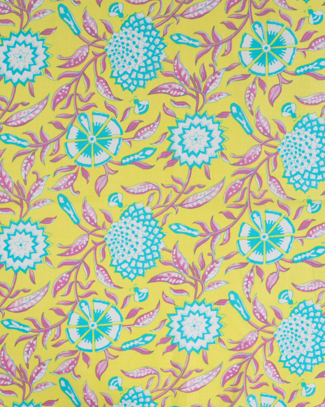 Tissu Coton Léger Indien Jaune Motif Floral Turquoise - Mercerine