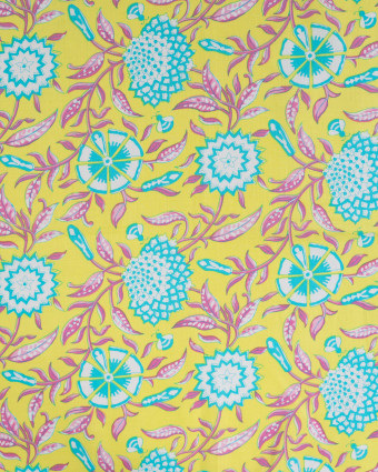 Tissu Coton Léger Indien Jaune Motif Floral Turquoise - Mercerine