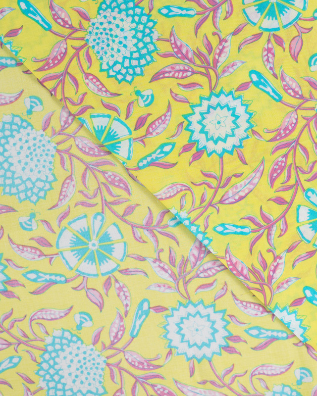 Tissu Coton Léger Indien Jaune Motif Floral Turquoise - Mercerine