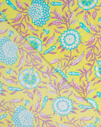 Tissu Coton Léger Indien Jaune Motif Floral Turquoise - Mercerine