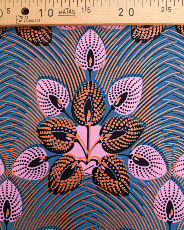 Tissu Wax Gris Rose Motif Orange Lurex - Mercerine