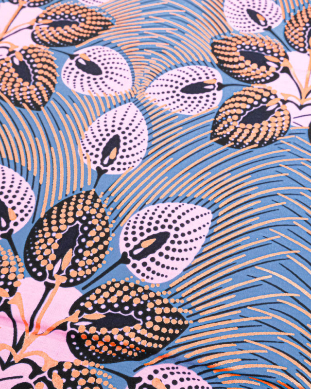 Tissu Wax Gris Rose Motif Orange Lurex - Mercerine