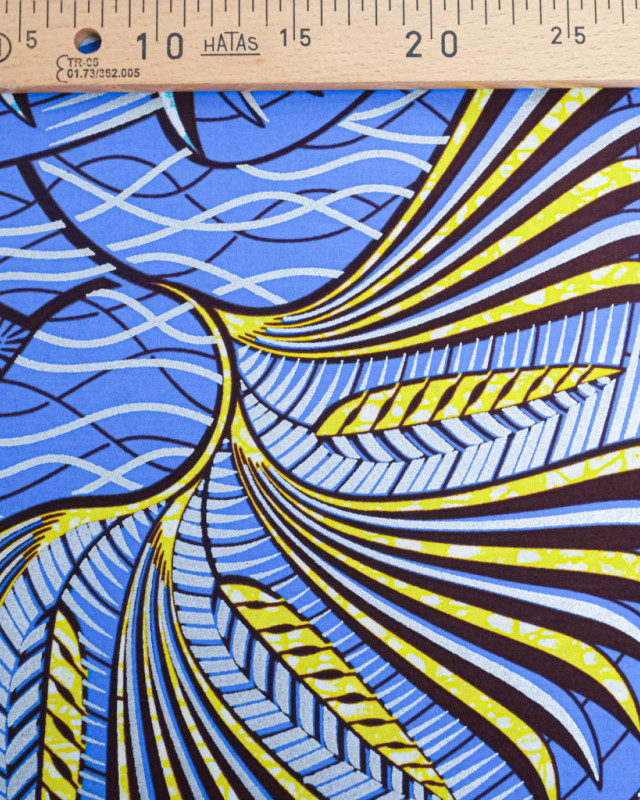 Tissu Wax Bleu Motif Jaune Argent Lurex - Mercerine
