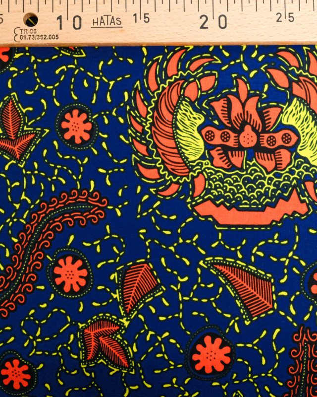 Tissu Wax Bleu Motif Orange Jaune - Mercerine