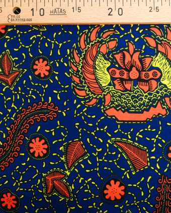 Tissu Wax Bleu Motif Orange Jaune - Mercerine