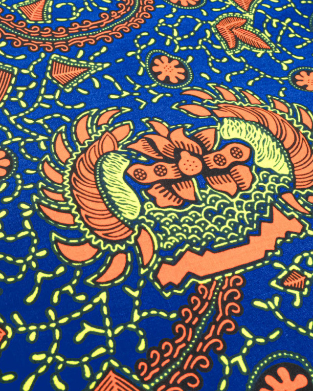 Tissu Wax Bleu Motif Orange Jaune - Mercerine