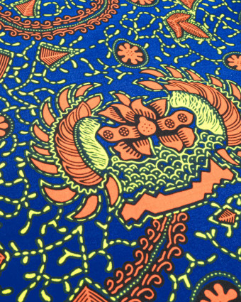 Tissu Wax Bleu Motif Orange Jaune - Mercerine