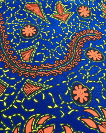 Tissu Wax Bleu Motif Orange Jaune - Mercerine