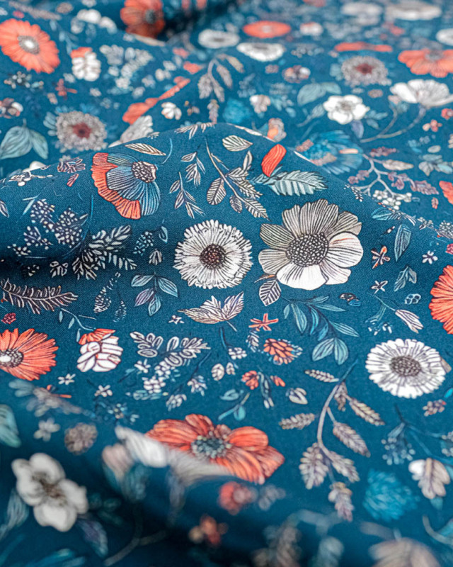 Tissu Viscose Ecovero Bleu Motif Floral Terracotta - Mercerine