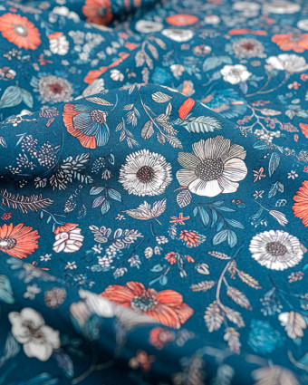 Tissu Viscose Ecovero Bleu Motif Floral Terracotta - Mercerine