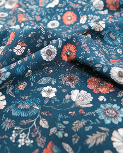 Tissu Viscose Ecovero Bleu Motif Floral Terracotta