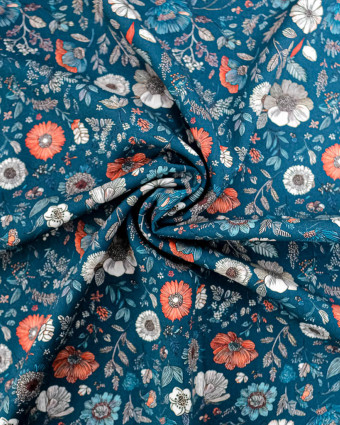 Tissu Viscose Ecovero Bleu Motif Floral Terracotta Mercerine