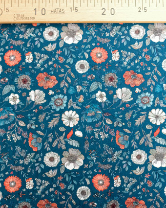 Tissu Viscose Ecovero Bleu Motif Floral Terracotta - Mercerine