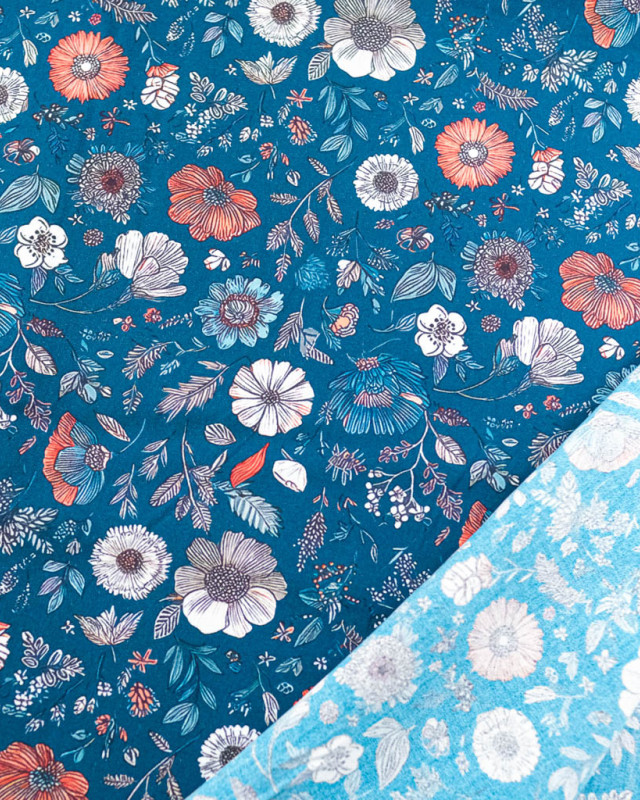 Tissu Viscose Ecovero Bleu Motif Floral Terracotta - Mercerine