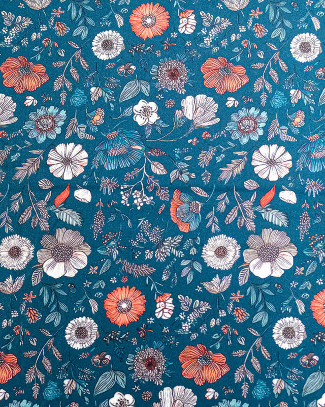 Tissu Viscose Ecovero Bleu Motif Floral Terracotta - Mercerine