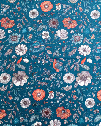 Tissu Viscose Ecovero Bleu Motif Floral Terracotta - Mercerine