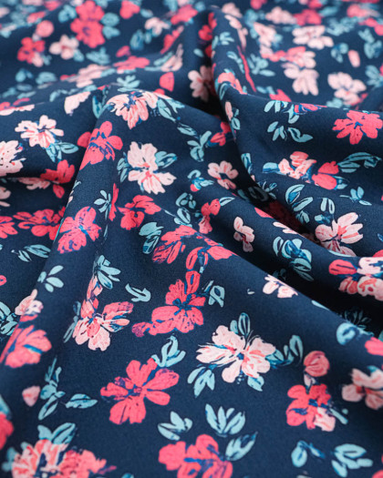 Tissu Viscose Ecovero Bleu Motif Floral Fuchsia - Mercerine