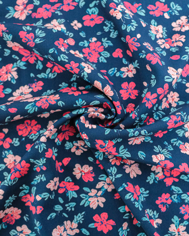 Tissu Viscose Ecovero Bleu Motif Floral Fuchsia - Mercerine