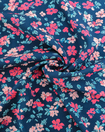 Tissu Viscose Ecovero Bleu Motif Floral Fuchsia - Mercerine