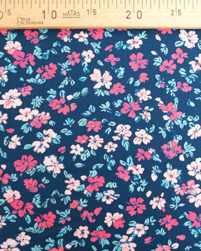 Tissu Viscose Ecovero Bleu Motif Floral Fuchsia - Mercerine