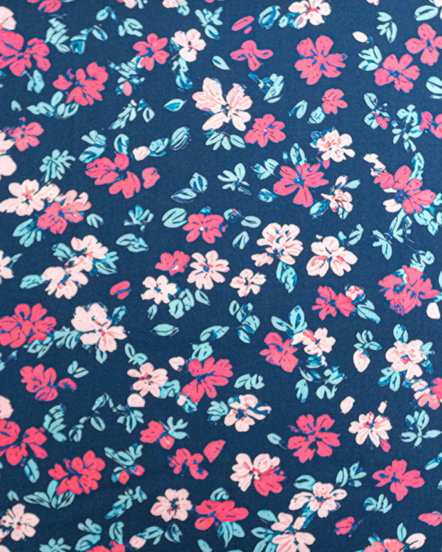 Tissu Viscose Ecovero Bleu Motif Floral Fuchsia - Mercerine