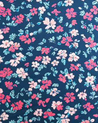 Tissu Viscose Ecovero Bleu Motif Floral Fuchsia - Mercerine